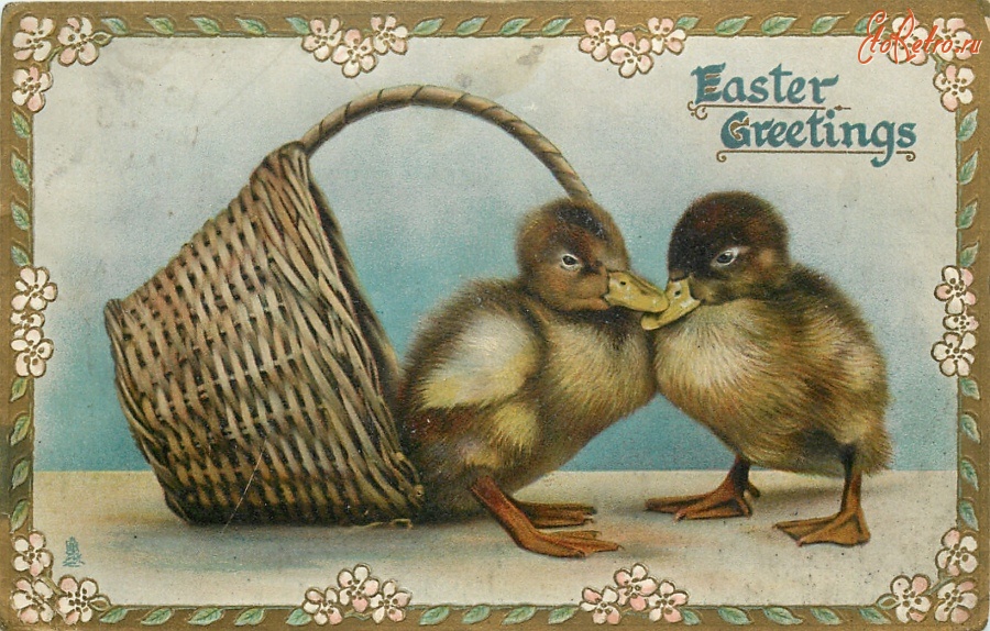Ретро открытки - Счастливой Пасхи. Два пасхальных утёнка и плетёная корзина