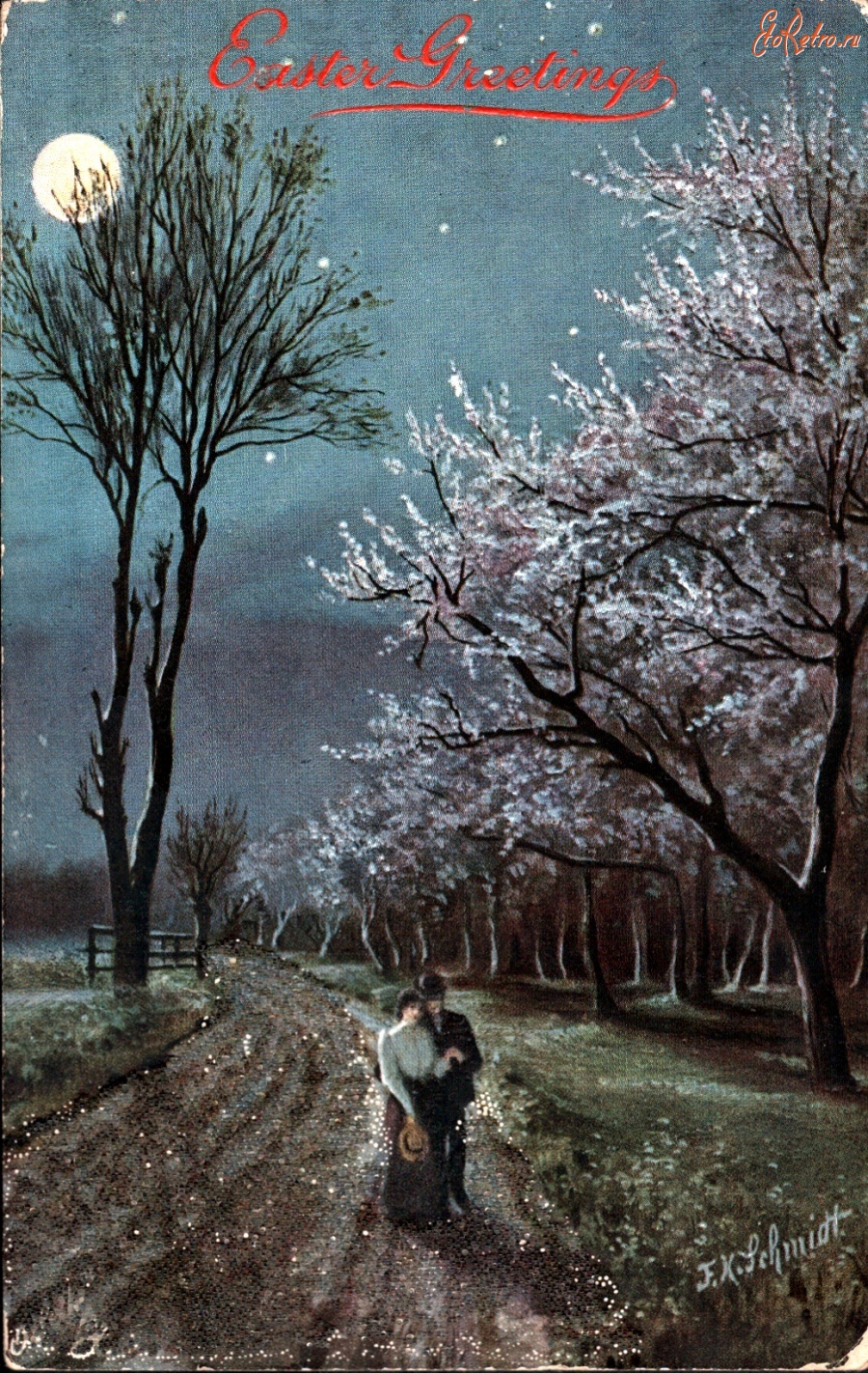 Ретро открытки - Счастливой Пасхи. Прогулка в цветущем саду в лунном свете