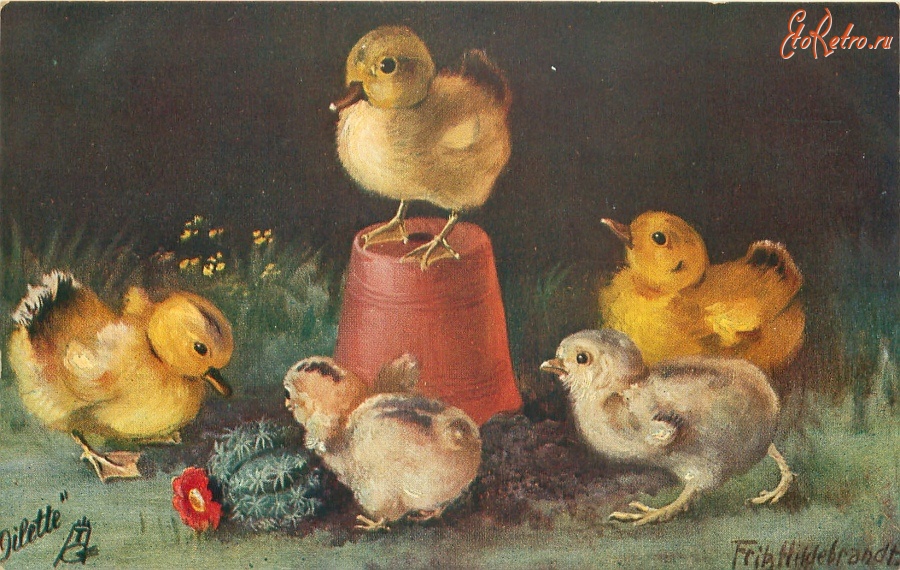 Ретро открытки - Цыплята и утята и цветочный горшок с кактусом