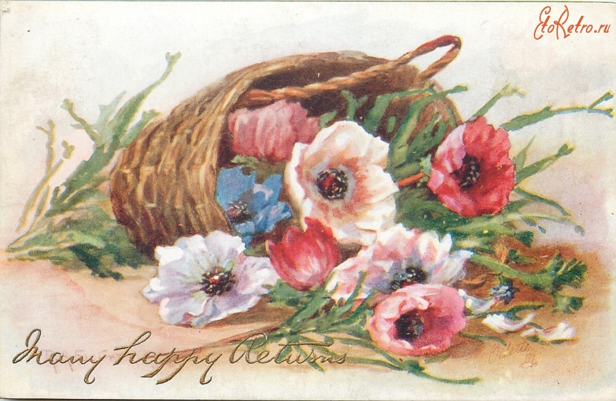 Ретро открытки - Р.А. Фостер. Розовые, красные и голубые анемоны в корзине