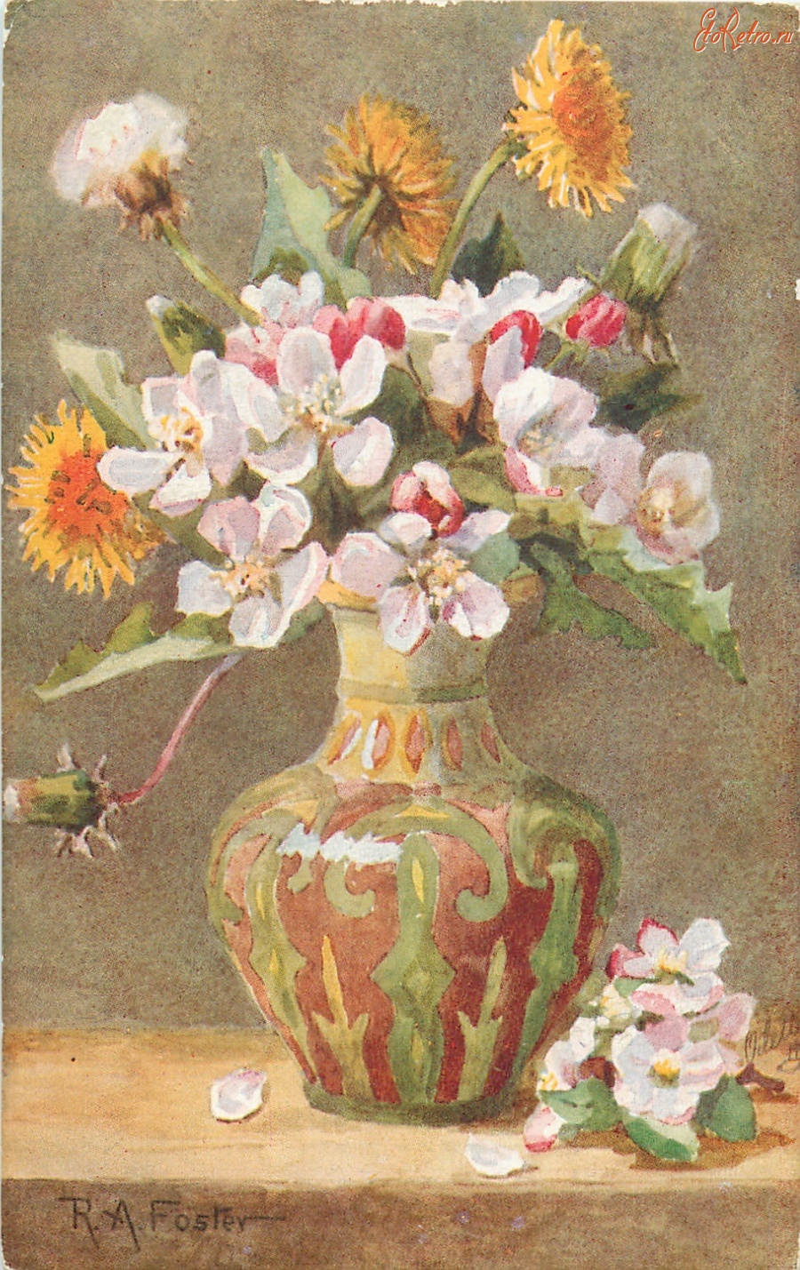 Ретро открытки - Р.А. Фостер. Жёлтые одуванчики и яблоневый цвет узорной вазе