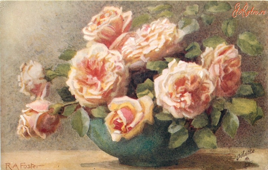 Ретро открытки - Букет жёлтых роз в низкой зелёной вазе
