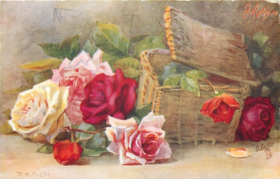 Ретро открытки - Семь роз и корзина с крышкой