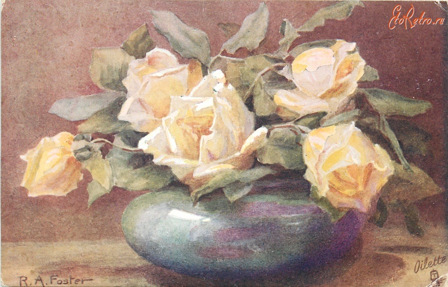 Ретро открытки - Р.А. Фостер. Жёлтые розы в низкой вазе