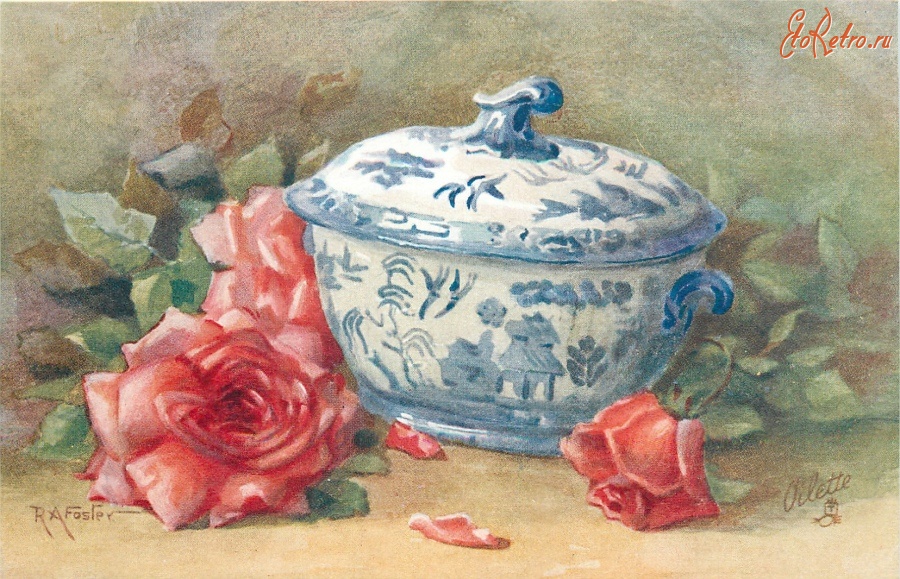 Ретро открытки - Три красные розы и бело-голубая китайская ваза с крышкой