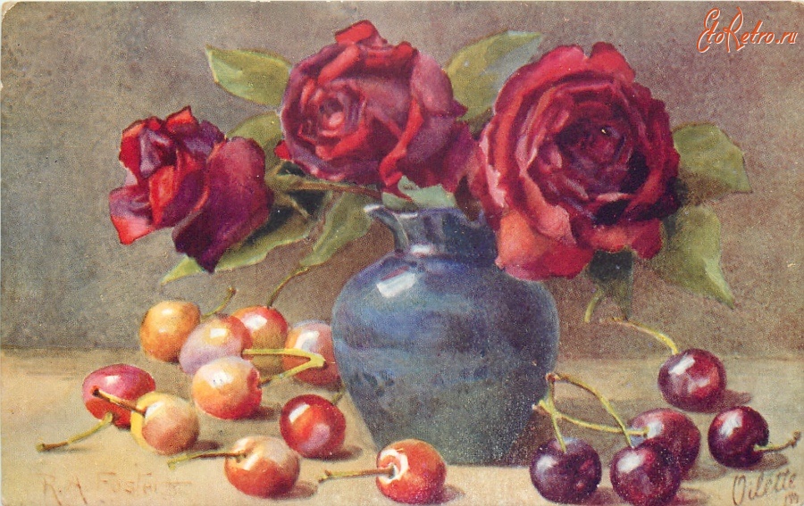 Ретро открытки - Р. А. Фостер. Красные розы в голубой вазе и ягоды вишни