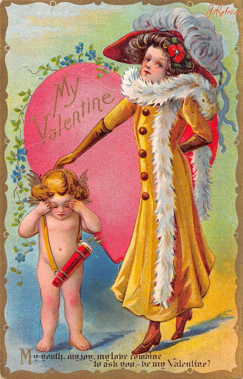 Ретро открытки - Моей Валентине. Женщина в жёлтом платье и купидон