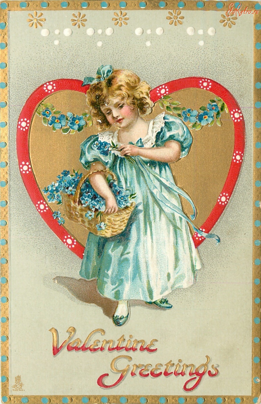 Ретро открытки - Валентинка. Девочаа с корзиной незабудок и золотое сердце