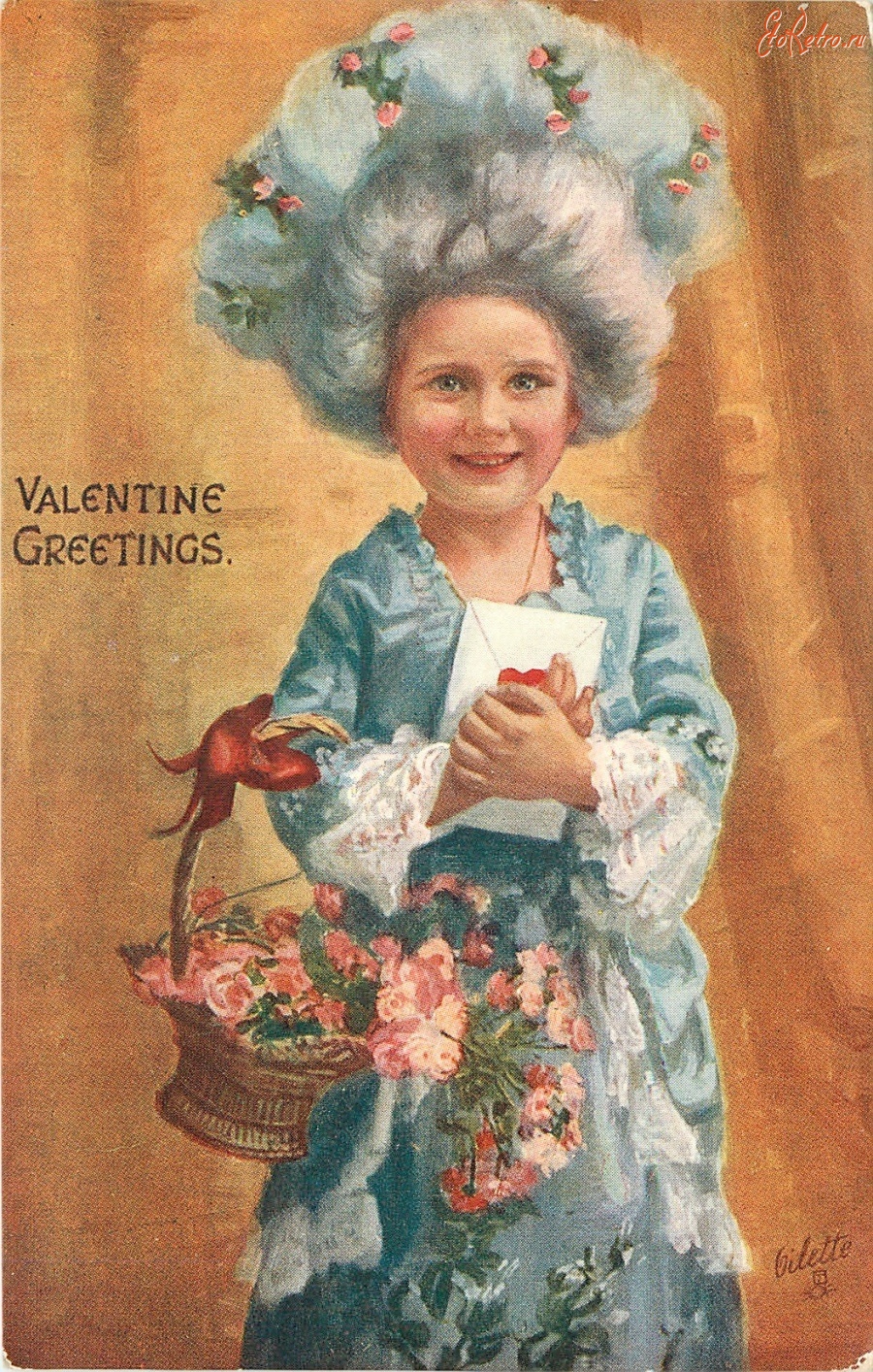 Ретро открытки - Девочка в платье рококо с корзиной роз и посланием любви