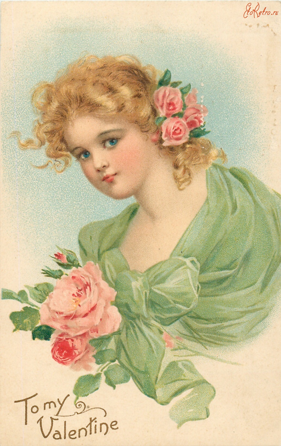 Ретро открытки - Моему Валентину. Девушка в зелёном шарфе и французские розы