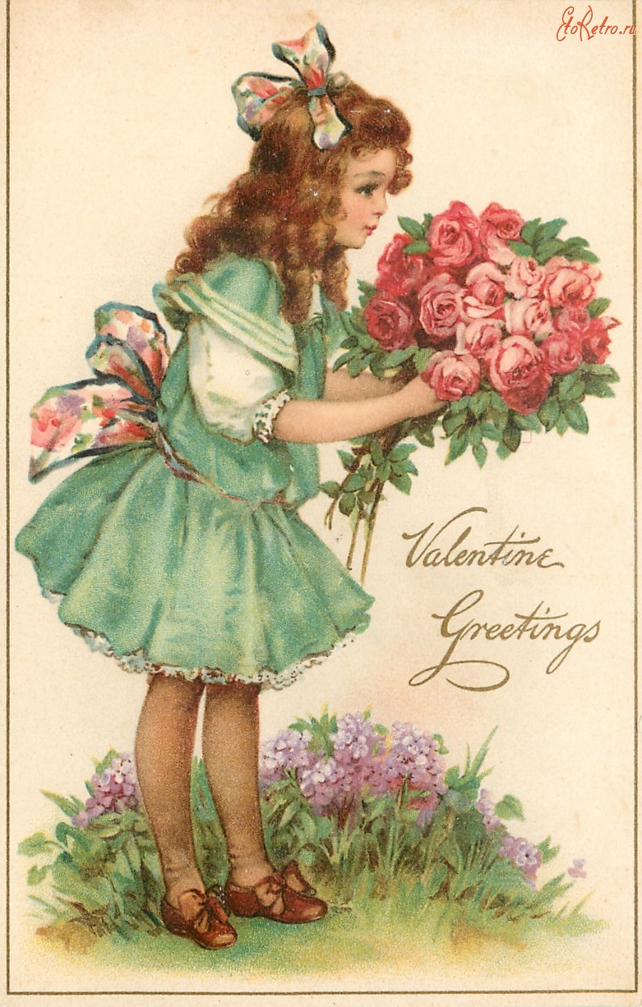 Ретро открытки - Валентину. Девочка в зелёном платье с букетом роз