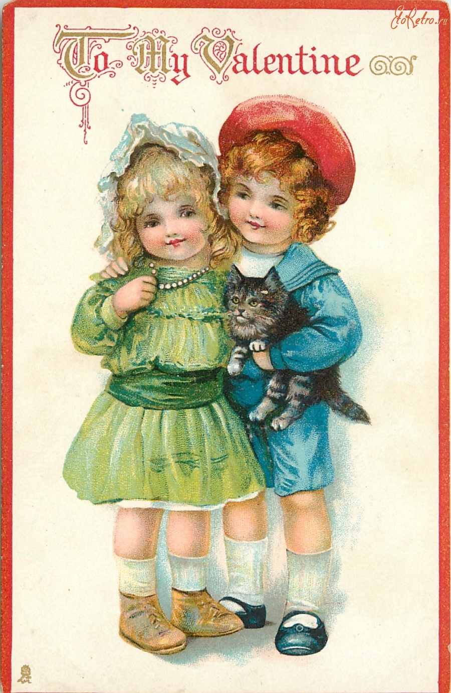 Ретро открытки - Моей Валентине. Дети с пушистым котёнком
