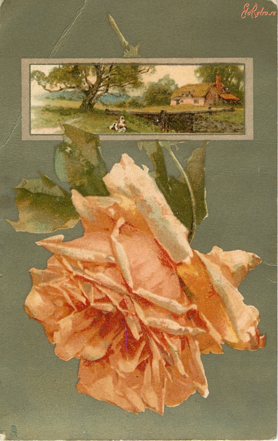 Ретро открытки - Цветочная страна. Жёлтая роза и сельский пейзаж