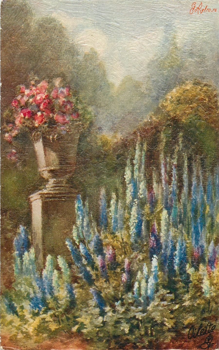 Ретро открытки - Голубой дельфиниум и красные розы в саду