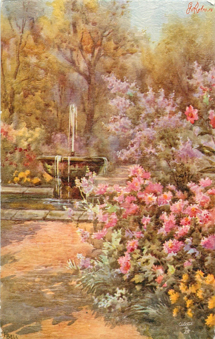 Ретро открытки - Фонтан в саду и розовые цветы