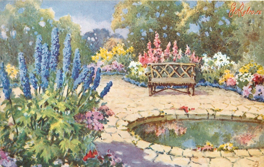 Ретро открытки - Голубые, розовые и белые цветы у садового пруда