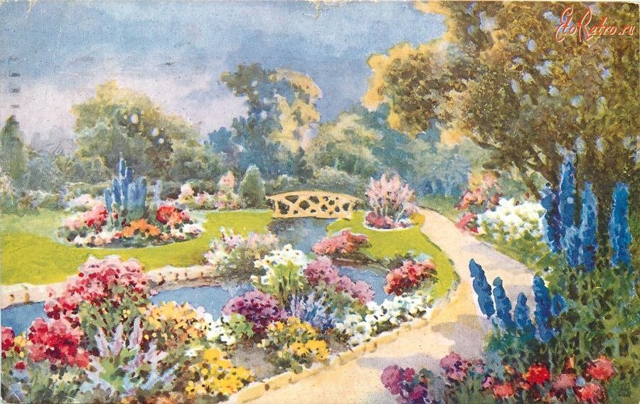 Ретро открытки - Ручей и клумбы в ярком английском саду
