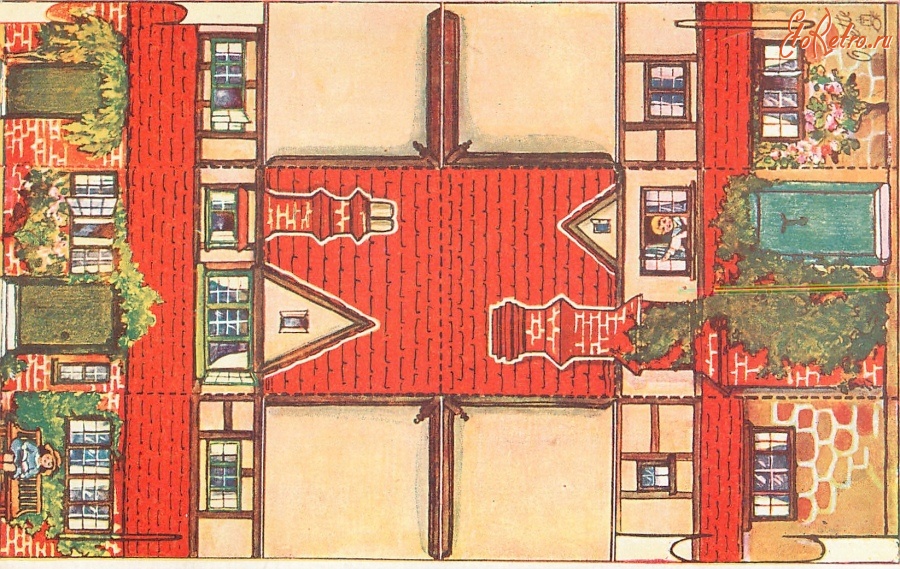 Ретро открытки - Модель коттеджа. Дом с красной крышей и девочка на скамейке