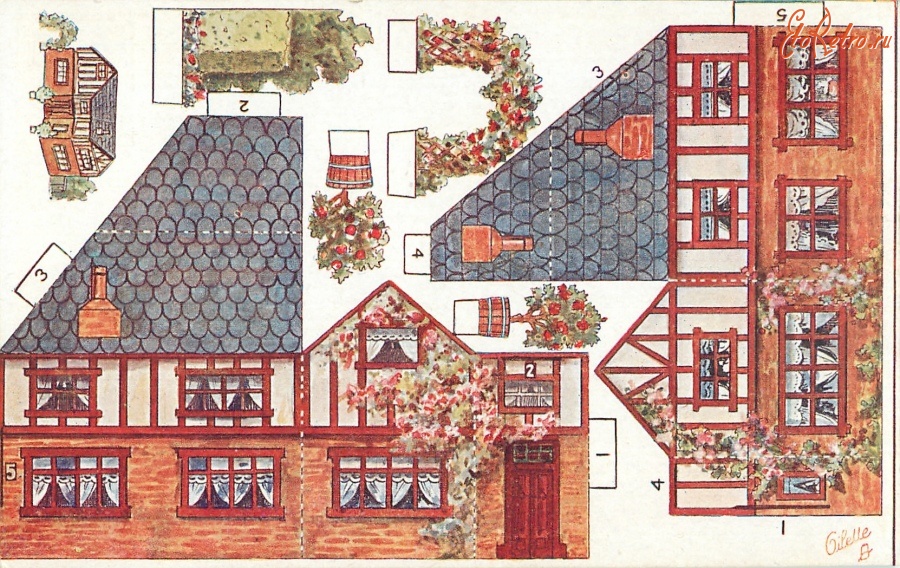 Ретро открытки - Модель коттеджа. Дом с серой крышей, беседкой и цветы в горшках