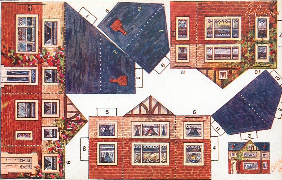 Ретро открытки - Модель коттеджа. Дом с синей крышей, верандой и цветы в горшках