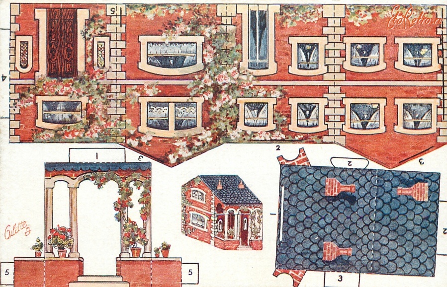 Ретро открытки - Модель коттеджа. Дом с синей крышей и красные трубы