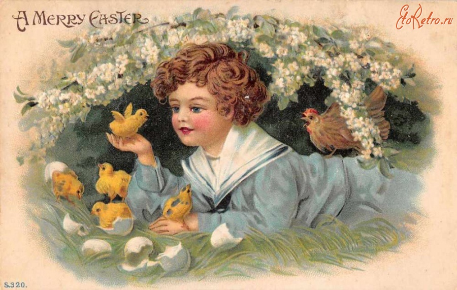 Ретро открытки - Счастливой Пасхи. Мальчик, цветущая ветка и цыплята