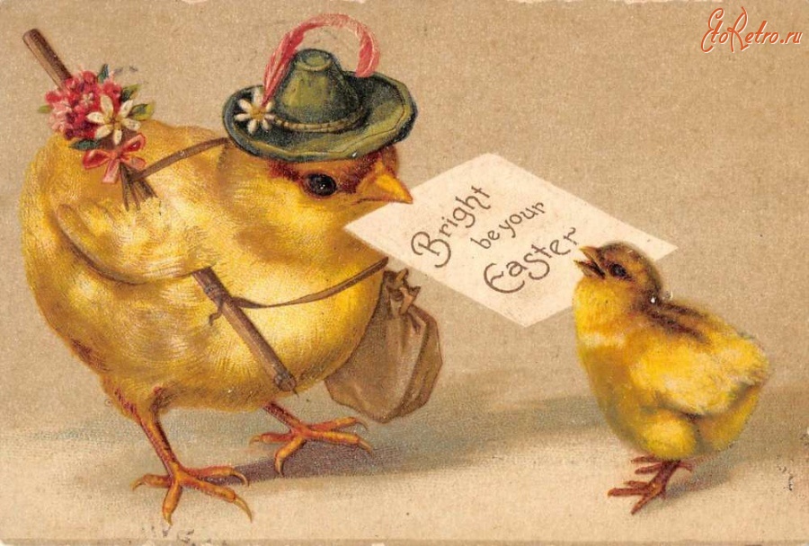Ретро открытки - Счастливой Пасхи. Цыплёнок в тирольской шляпе и письмо