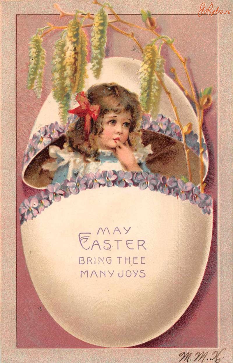 Ретро открытки - Счастливой Пасхи. Девочка в пасхальном яйце и весенние цветы