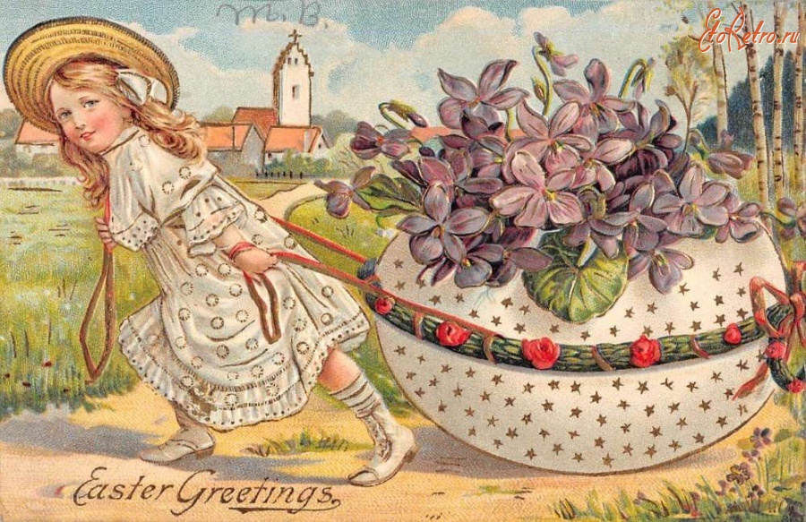 Ретро открытки - Девочка и фиалки в яичной скорлупке