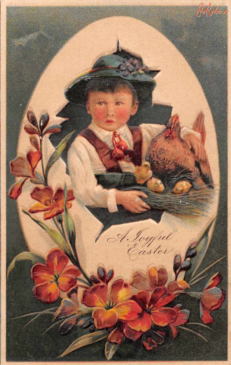 Ретро открытки - Мальчик в тирольской шляпе и курица с цыплятами