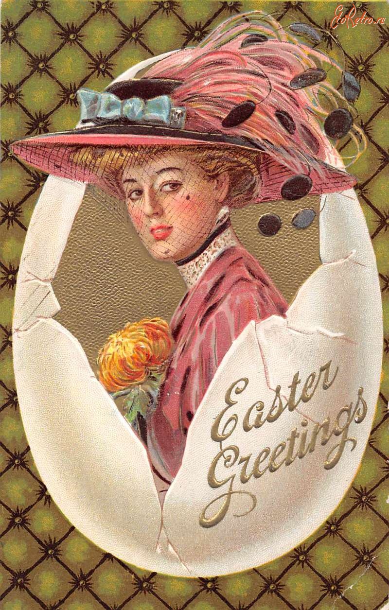 Ретро открытки - Женщина в розовой шляпе и цветок хризантемы