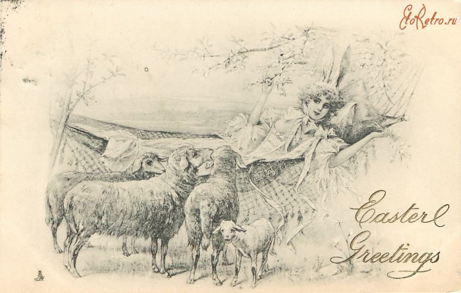 Ретро открытки - Фея-кролик в гамаке и овцы