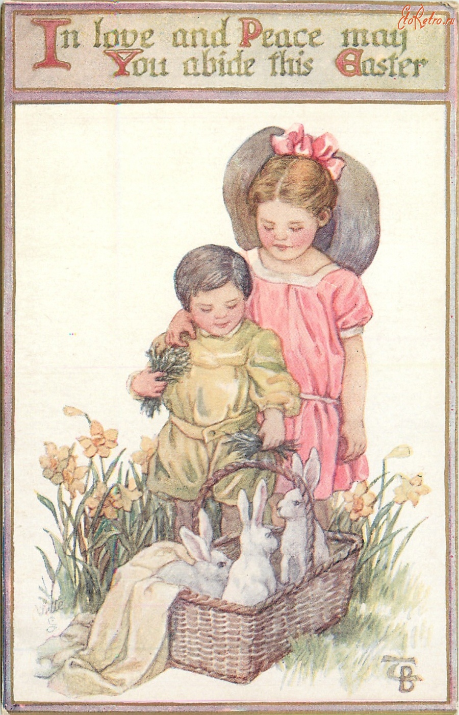 Ретро открытки - Дети, жёлтые нарциссы и кролики в корзине