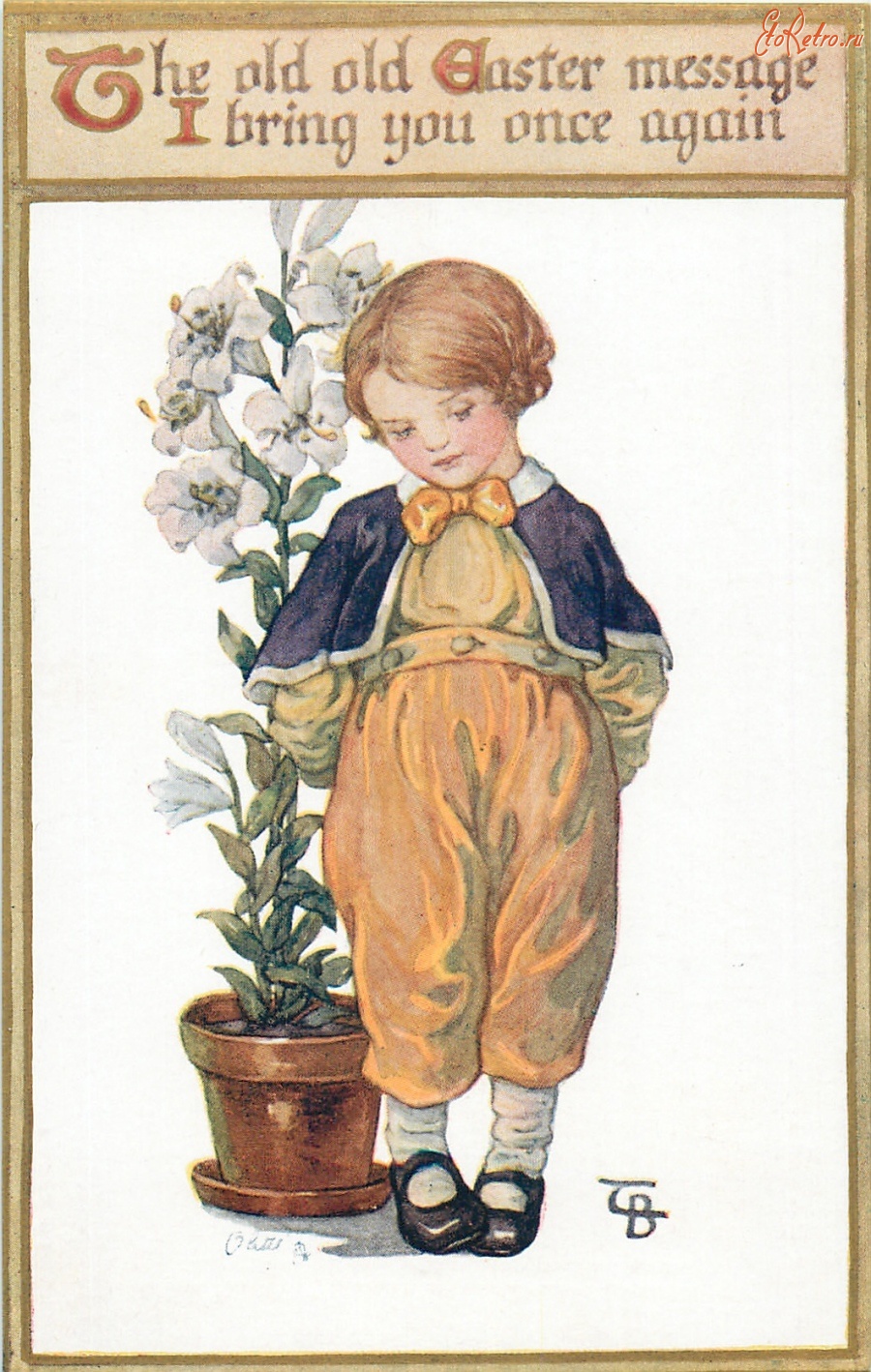 Ретро открытки - Мальчик, белые лилии и поэтическое послание