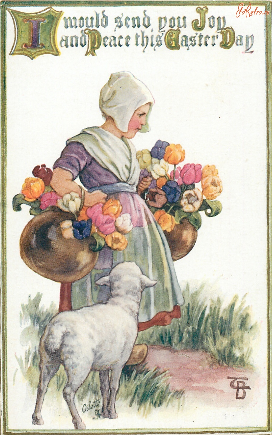 Ретро открытки - Голландская девочка, букеты тюльпанов и ягнёнок