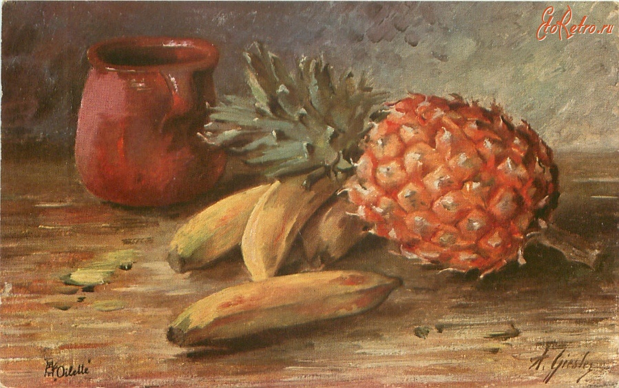 Ретро открытки - А. Гизлер. Бананы, ананас и керамический кувшин