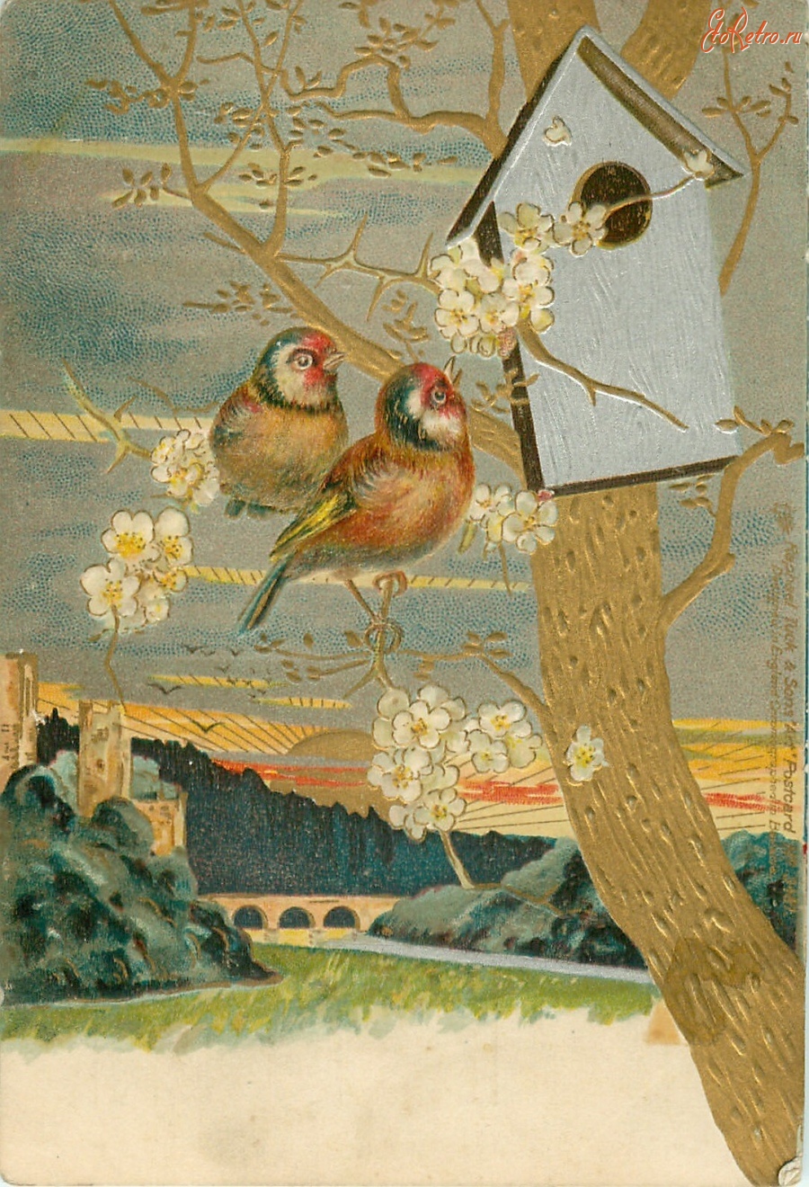 Ретро открытки - Два щегла, скворечник, золотое дерево и яблоневый цвет