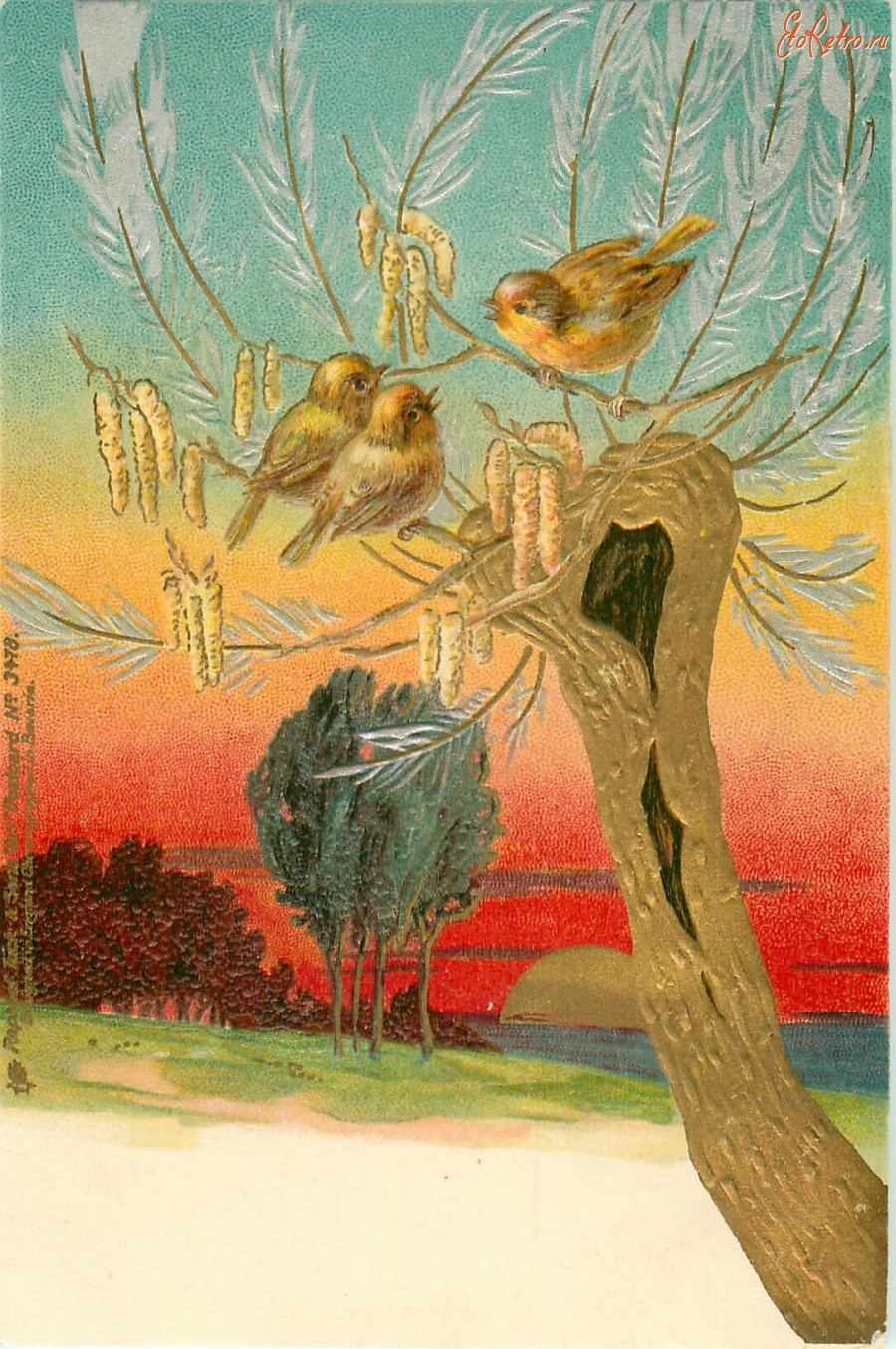 Ретро открытки - Воробьи и золотое дерево на закате