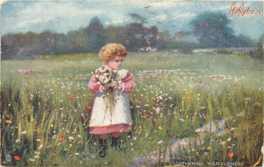Ретро открытки - Девочка с букетом полевых цветов