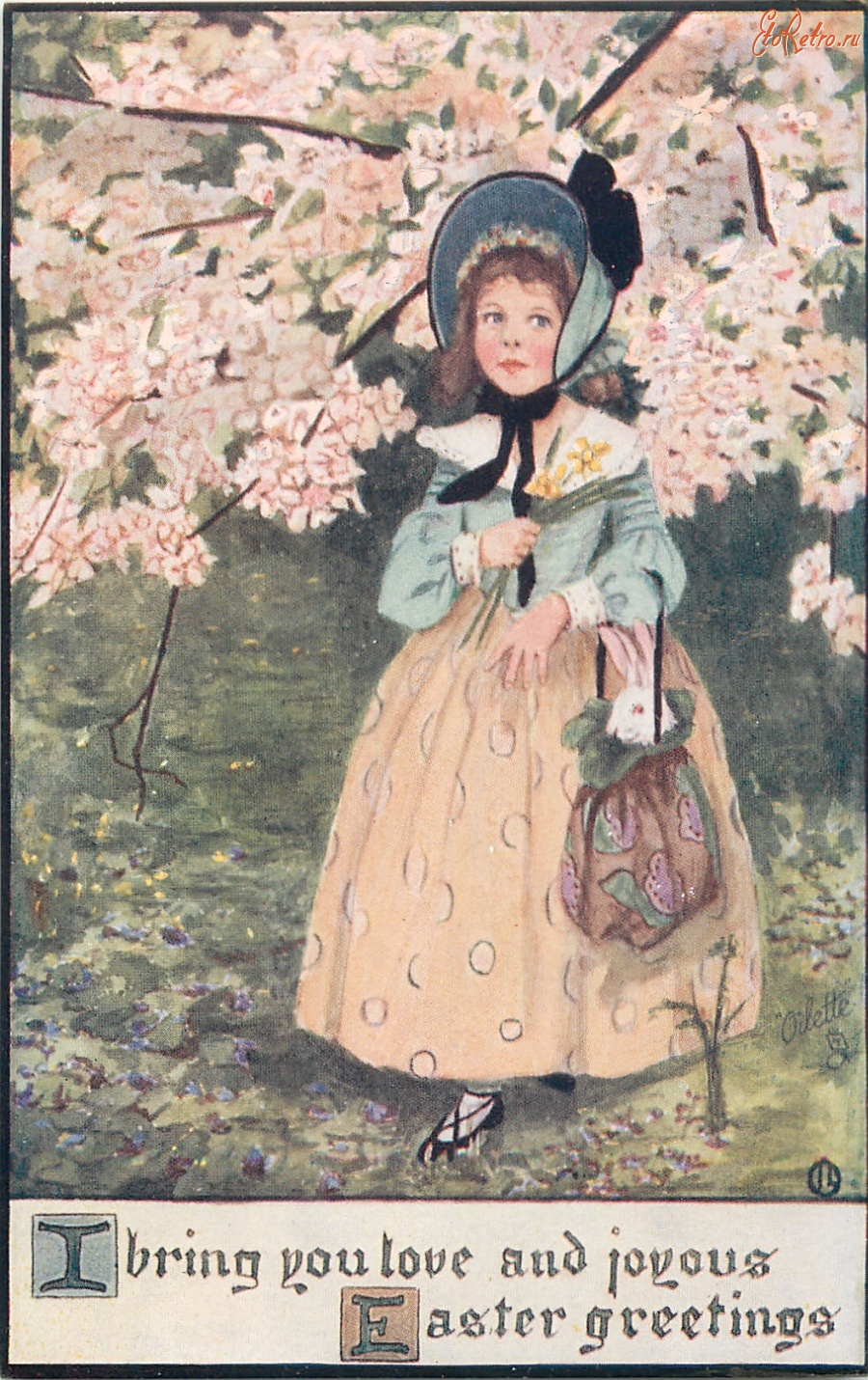 Ретро открытки - Девочка и пасхальный кролик в весеннем саду