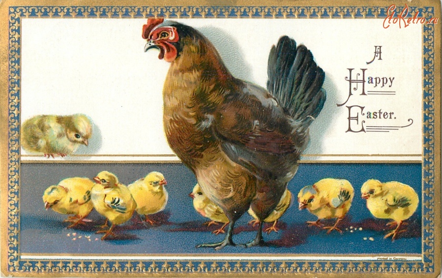 Ретро открытки - Пасхальные подарки. Коричневая курица с цыплятами
