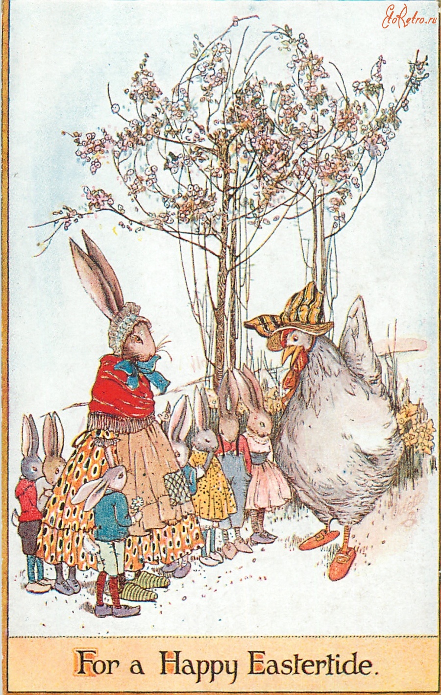 Ретро открытки - Пасхальные фантазии. Кроличья семья и курица