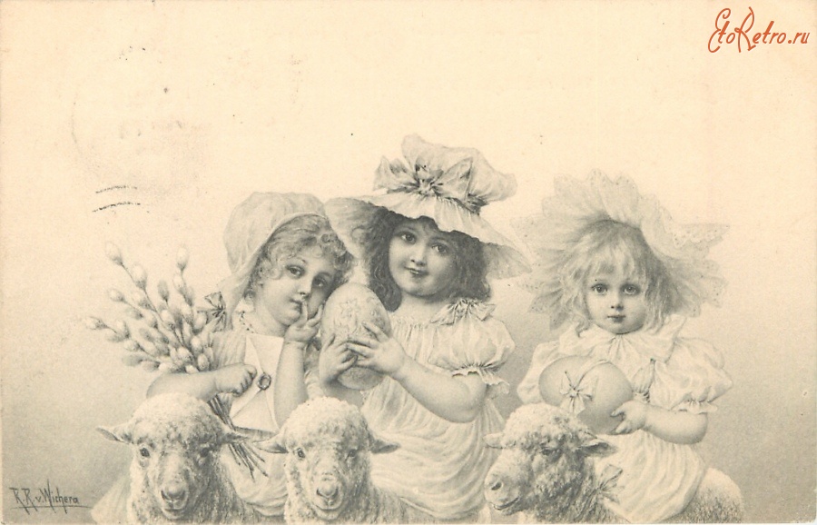 Ретро открытки - Три девочки и овечки