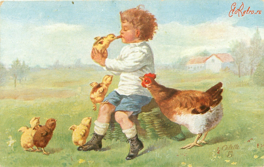 Ретро открытки - Мальчик и курица с цыплятами