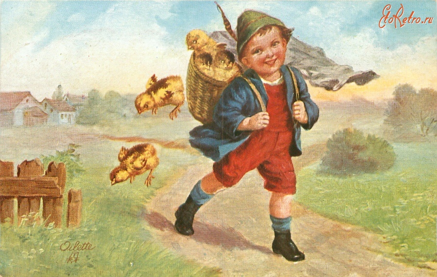 Ретро открытки - Мальчик и корзина цыплят за спиной