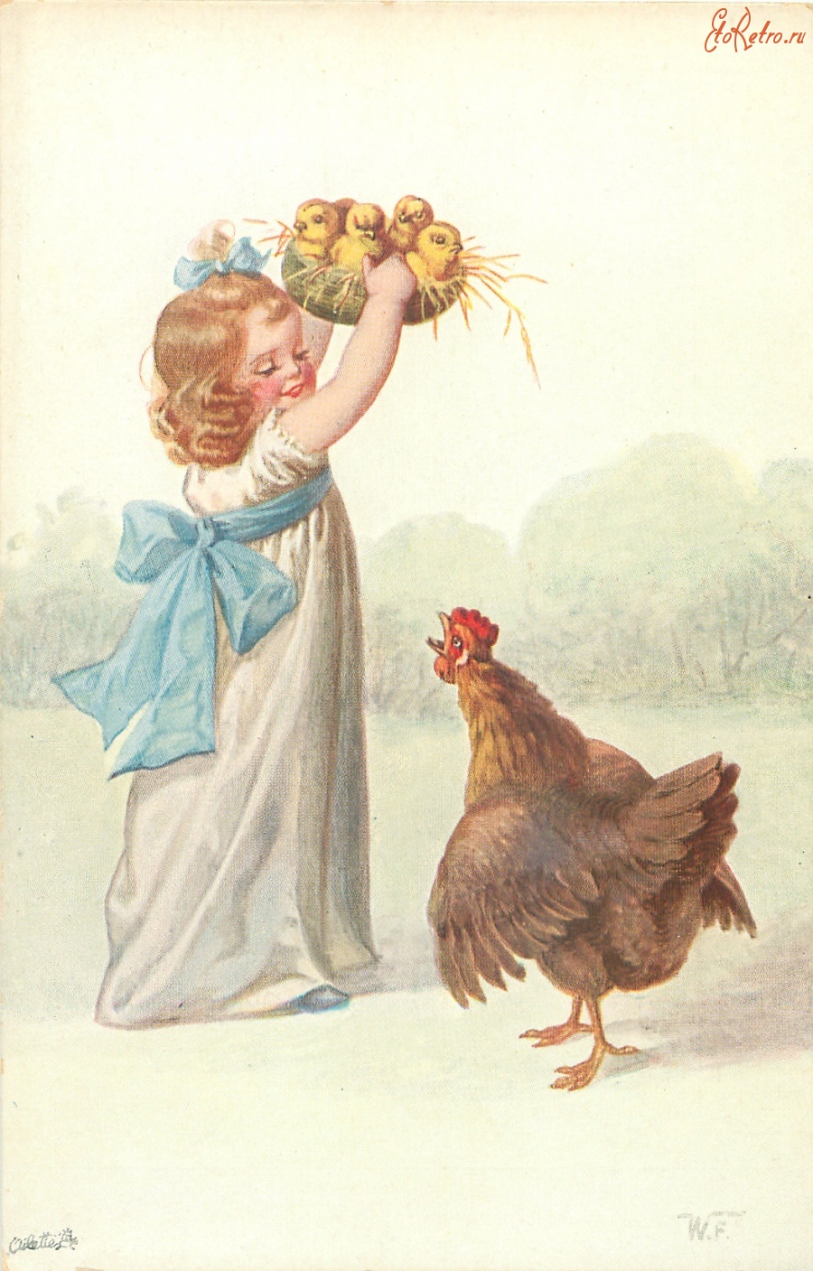 Ретро открытки - Девочка в белом платье, цыплята в корзине и курица