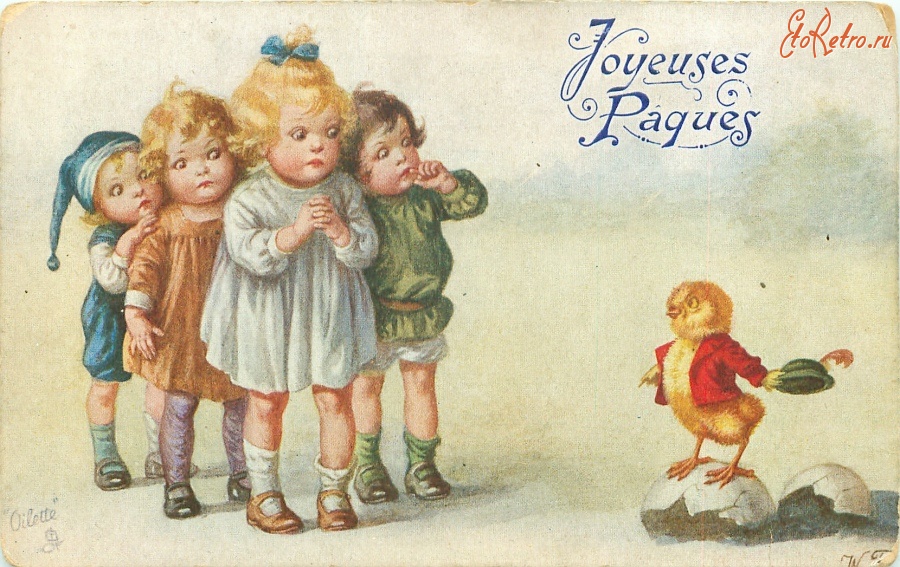 Ретро открытки - Дети и цыплёнок в красном жакете и тирольской шляпе