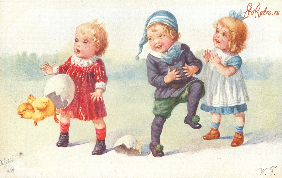 Ретро открытки - Дети, цыплёнок и яичная скорлупа