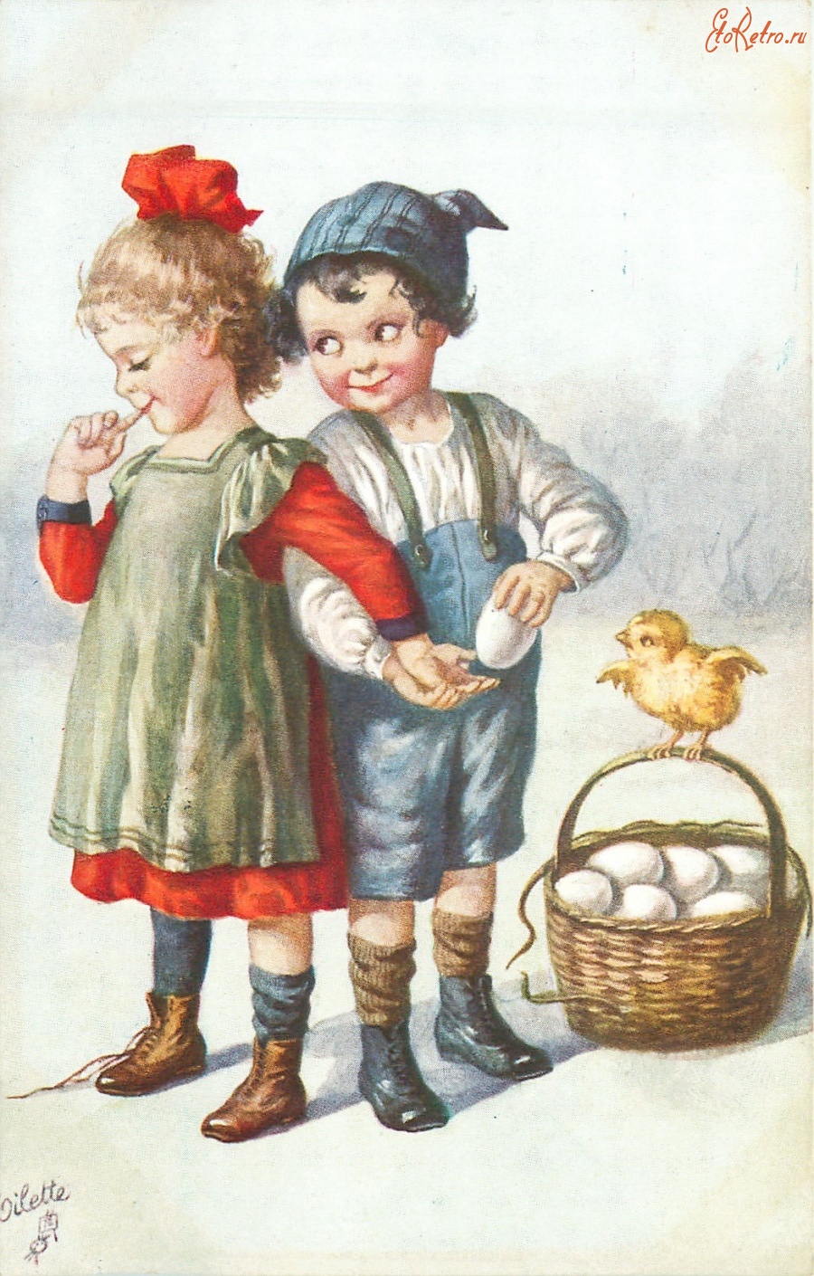 Ретро открытки - Пасхальные дети, корзина яиц и цыплята