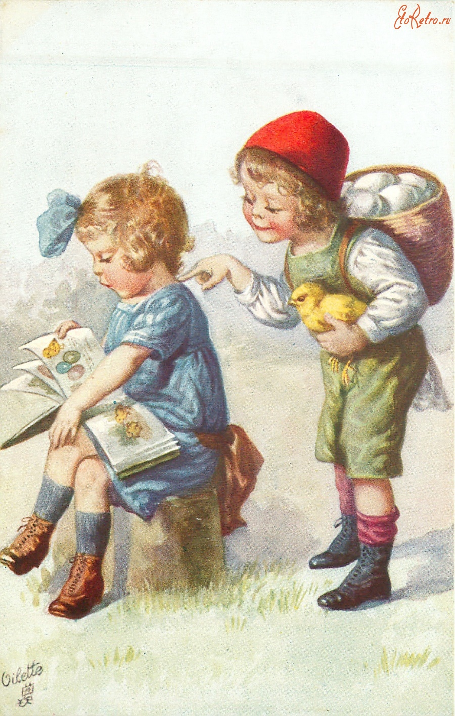 Ретро открытки - Девочка с книгой и мальчик с корзиной яиц